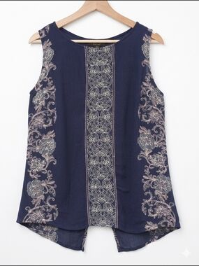reneec Navy Blue Embroidered Sleeveless Top Split Back Boho Tank Size Small